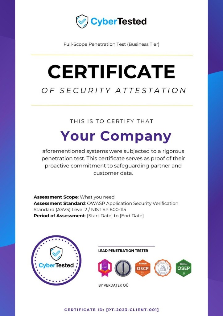 CyberTested certificate of security attestation sample